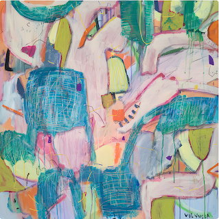 Abstract painting with colorful geometric patches and expressive brushstrokes in teal, pink, yellow and green
