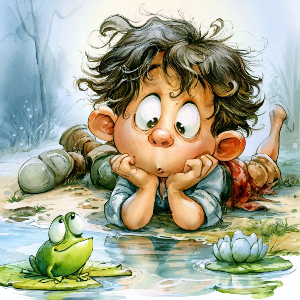 Cartoon boy lying by a pond, staring at a green frog on a lily pad near a white water lily