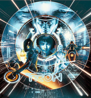 Tron movie poster with characters arranged in circular design, featuring cyberpunk aesthetic with blue and orange neon accents