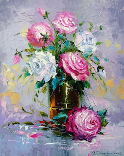Impressionist oil painting of pink and white roses in a glass vase on a table with loose brushstrokes