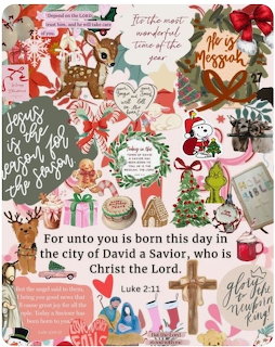 Christmas-themed collage with cross, Bible verse, Santa, wreaths, ornaments, and festive decorations