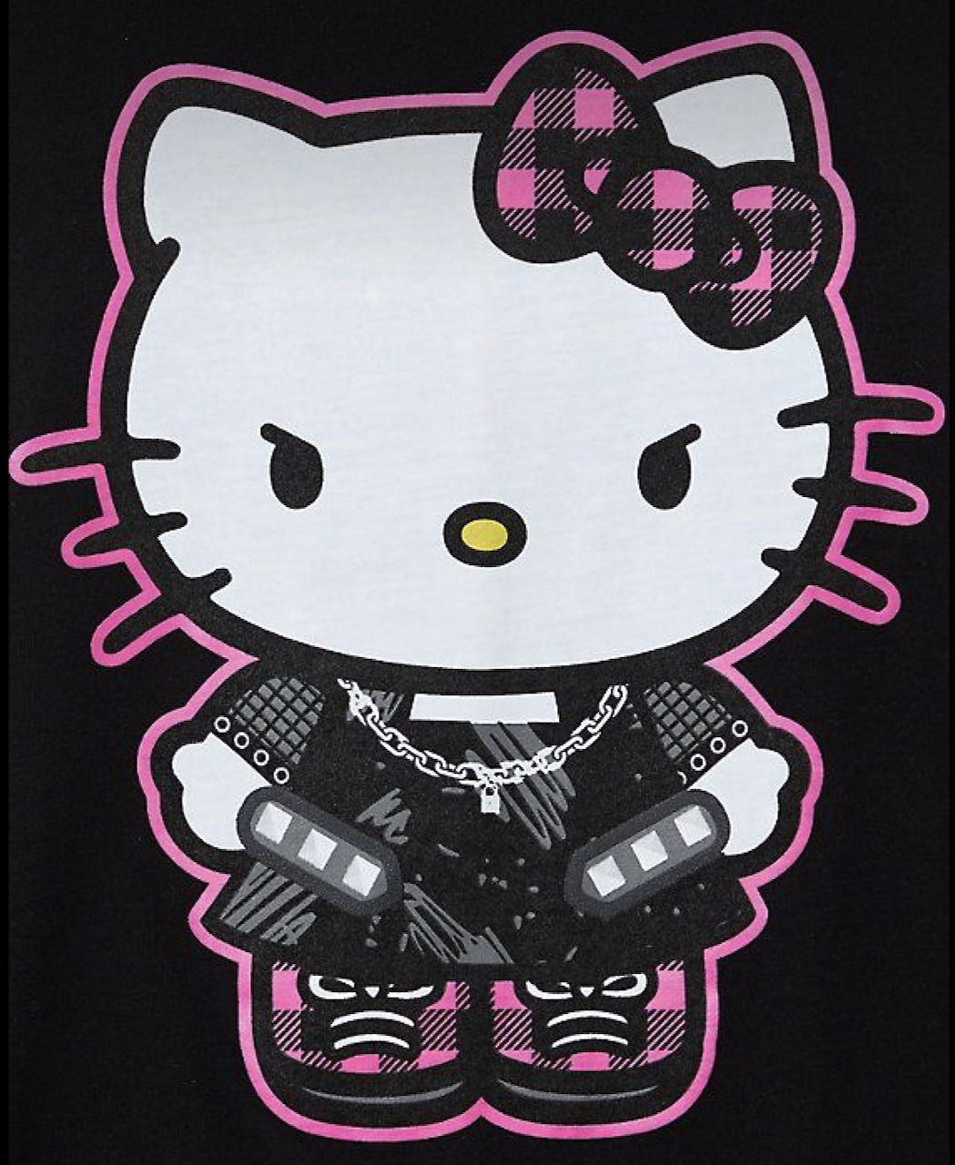 Hello Kitty dressed in punk rock style with chains, dark outfit, and pink plaid bow