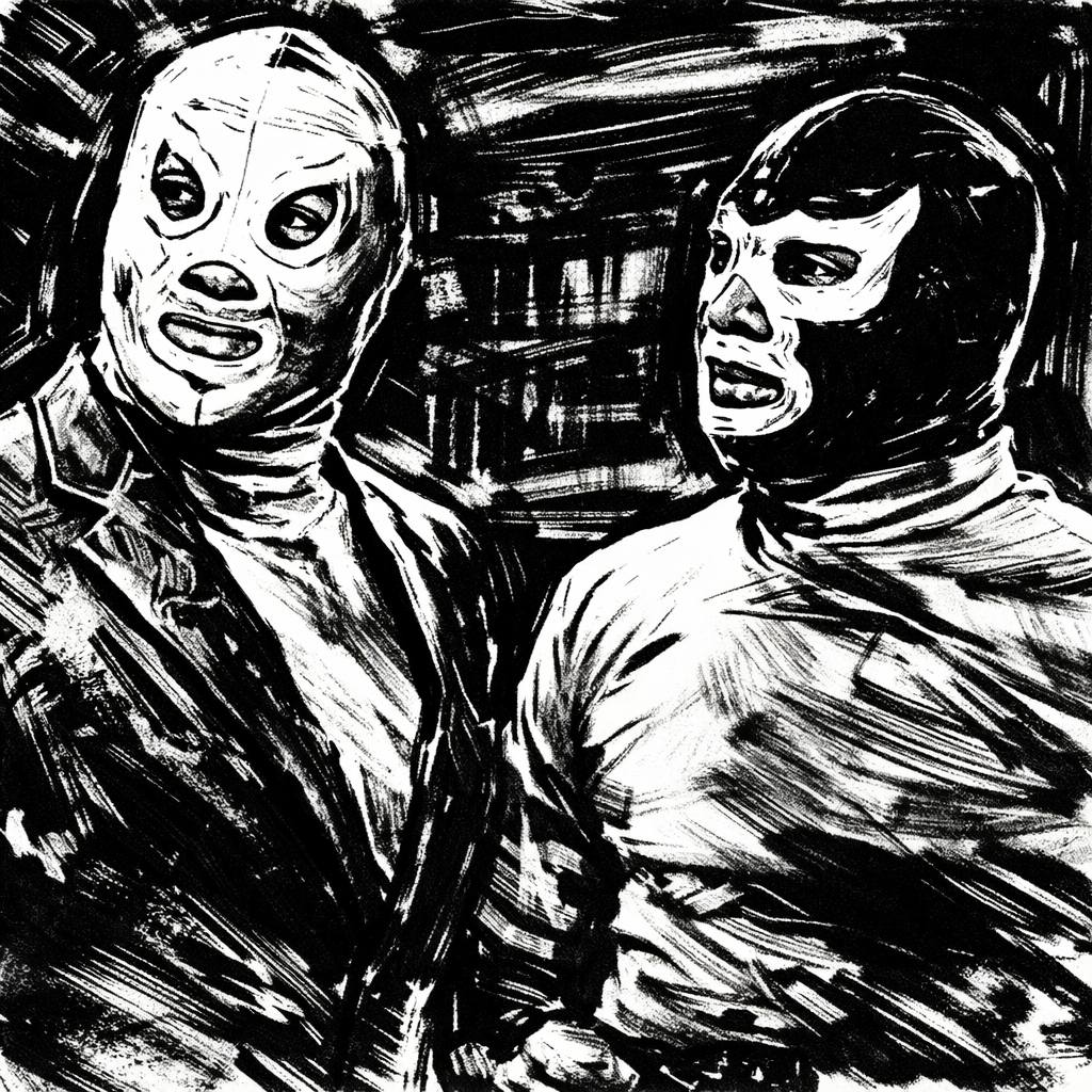 Black-and-white illustration of two masked luchadores in conversation