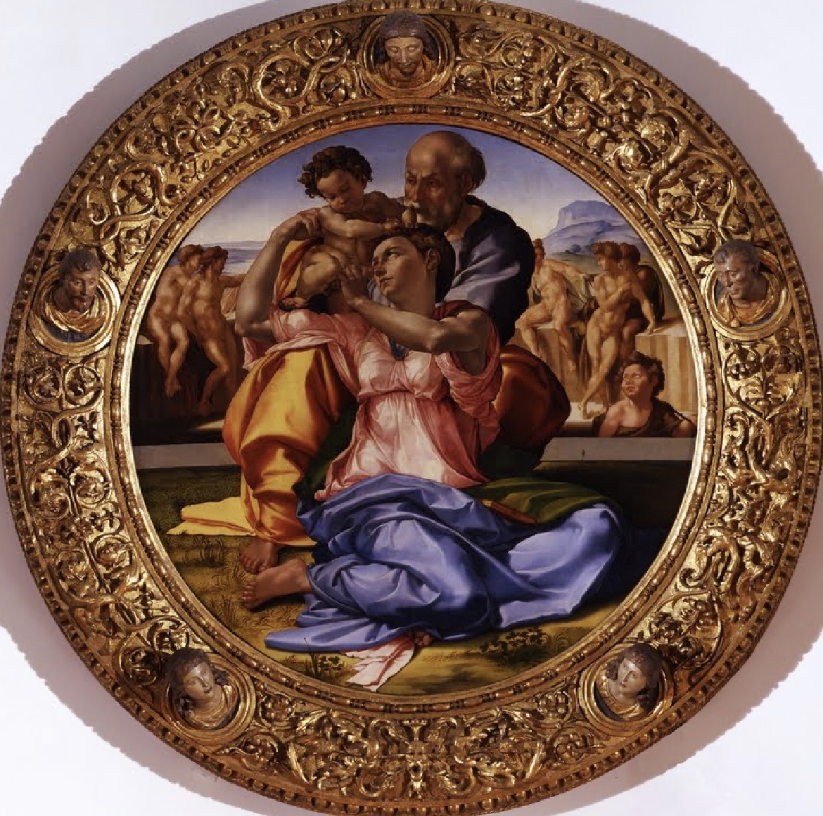 Renaissance tondo painting of Holy Family in elaborate gold frame