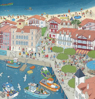 Illustrated aerial view of a Basque coastal town with red-roofed buildings, boats in blue harbor, and crowds on waterfront