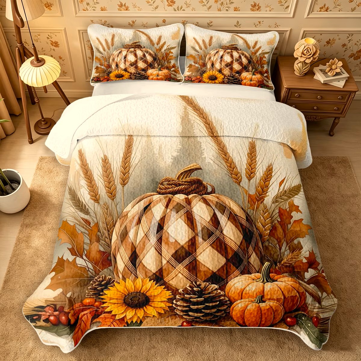 Bed with plaid pumpkin bedding, sunflowers, wheat, pinecones, and fall leaves in a cozy bedroom.
