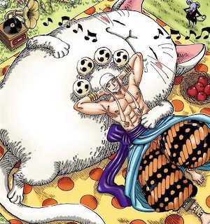 Anime character Enel from One Piece lying back with drums and wooden staff, wearing blue hakama pants