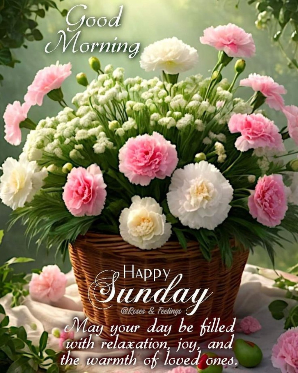 Pink and white carnations in wicker basket with Good Morning and Happy Sunday text overlay