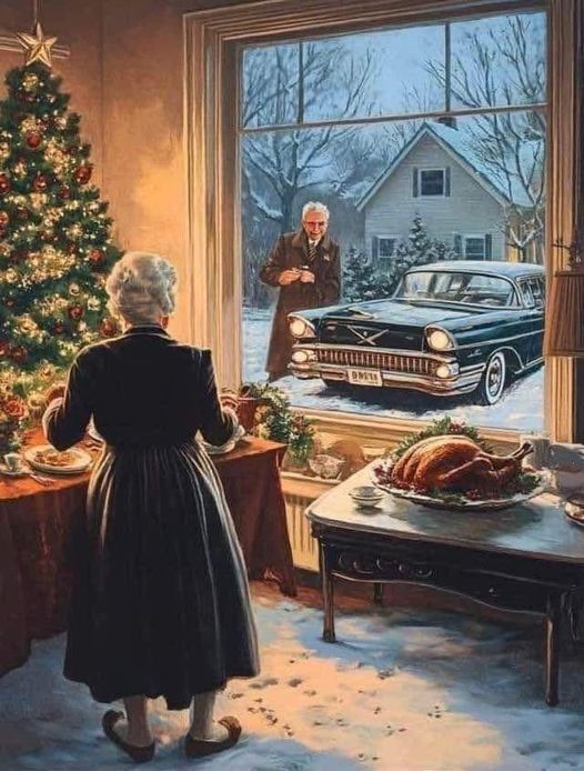Woman at holiday table with Christmas tree watches man arriving outside in vintage car through snowy window