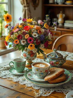 Colorful flower arrangement with tea service and pastries on lace doily in warm kitchen interior