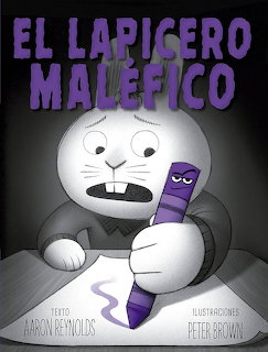 Cartoon child holding a purple pencil on a dark book cover with Spanish text above