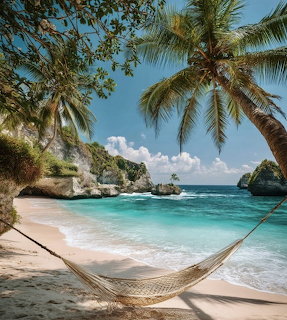Hammock on a tropical beach with palm trees, turquoise sea, white sand, and rocky cliffs