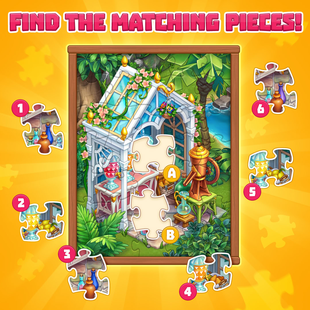 Colorful cartoon matching puzzle with loose jigsaw pieces around a tropical greenhouse illustration