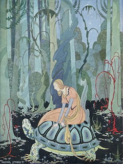 Illustration of a woman in a flowing dress kneeling on a giant turtle in a mystical forest with hanging moss