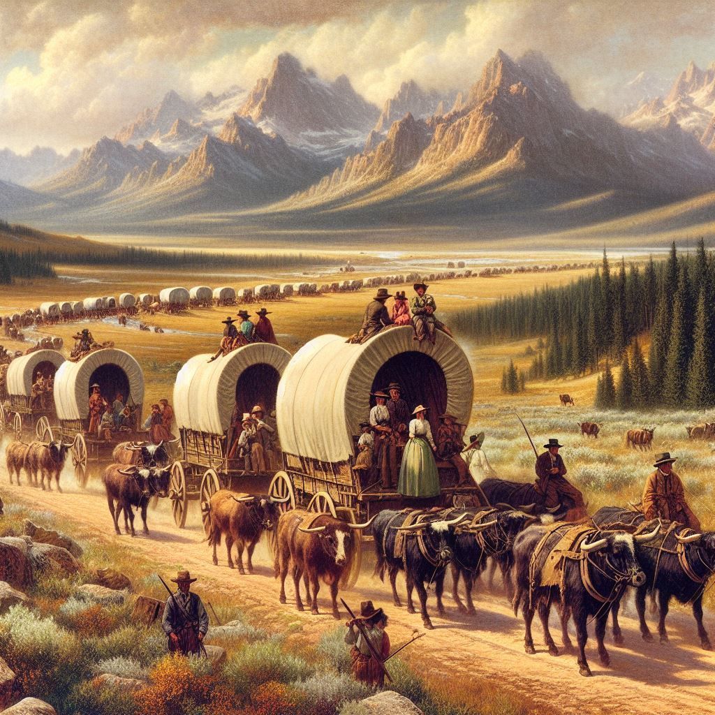 Covered wagon train traveling across plains toward mountains in historical Western landscape painting