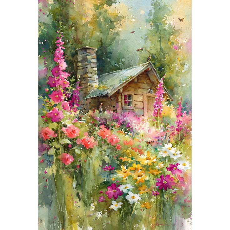 Watercolor painting of cottage with colorful garden flowers and pink hollyhocks in foreground