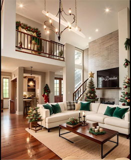 Two-story living room with white sofas, green accents, hardwood floors, Christmas trees, and upper balcony