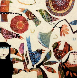 Decorative collage artwork featuring stylized birds with colorful geometric patterns and folk art designs