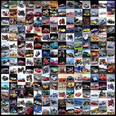 Dense mosaic collage of over 150 small photographs showing diverse vehicles including cars, motorcycles, and trucks