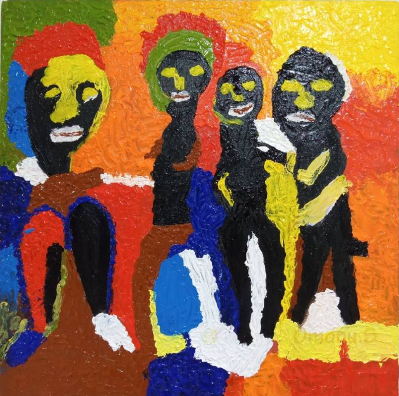 Colorful textured painting showing four stylized human figures on an orange and yellow background