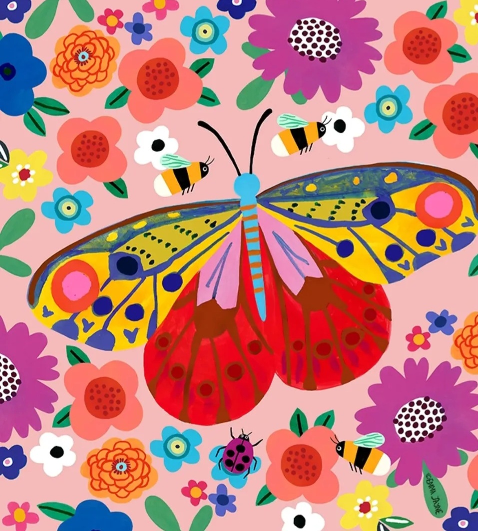 Colorful illustrated butterfly with red and yellow wings surrounded by flowers, bees, and a ladybug on pink background