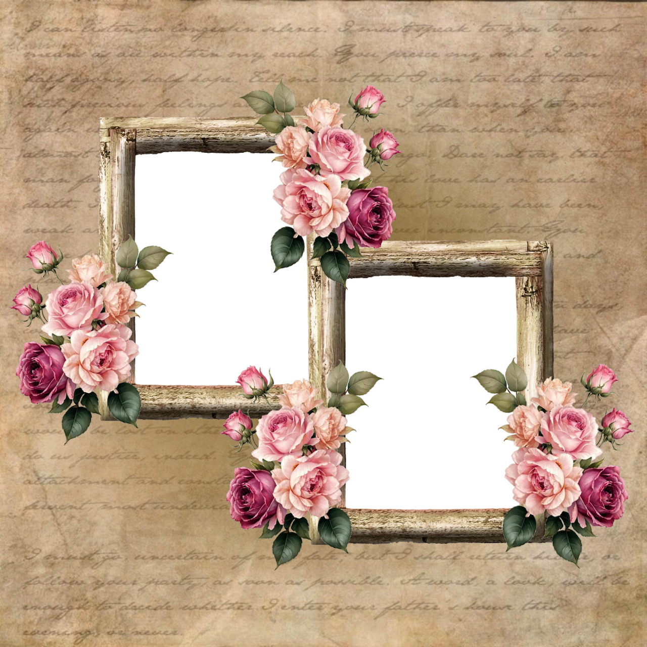Two rustic square frames with pink rose clusters on a beige vintage script background