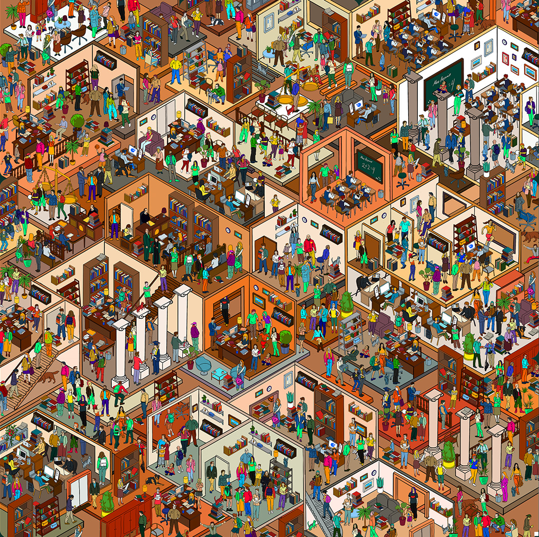 Isometric pixel art view of crowded university campus with multiple buildings, courtyards, and many people