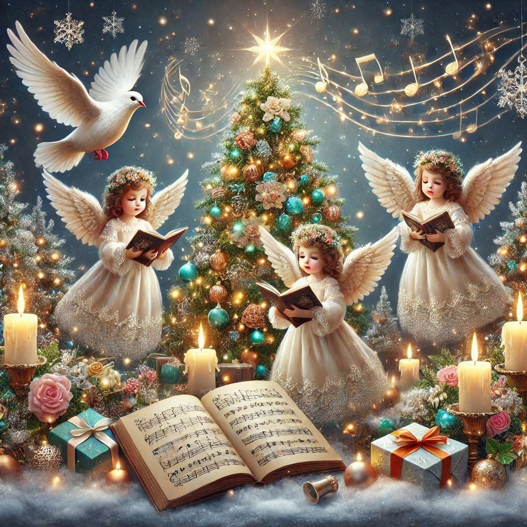 Three child angels in white dresses singing around an illuminated Christmas tree with doves, candles, and holiday decorations