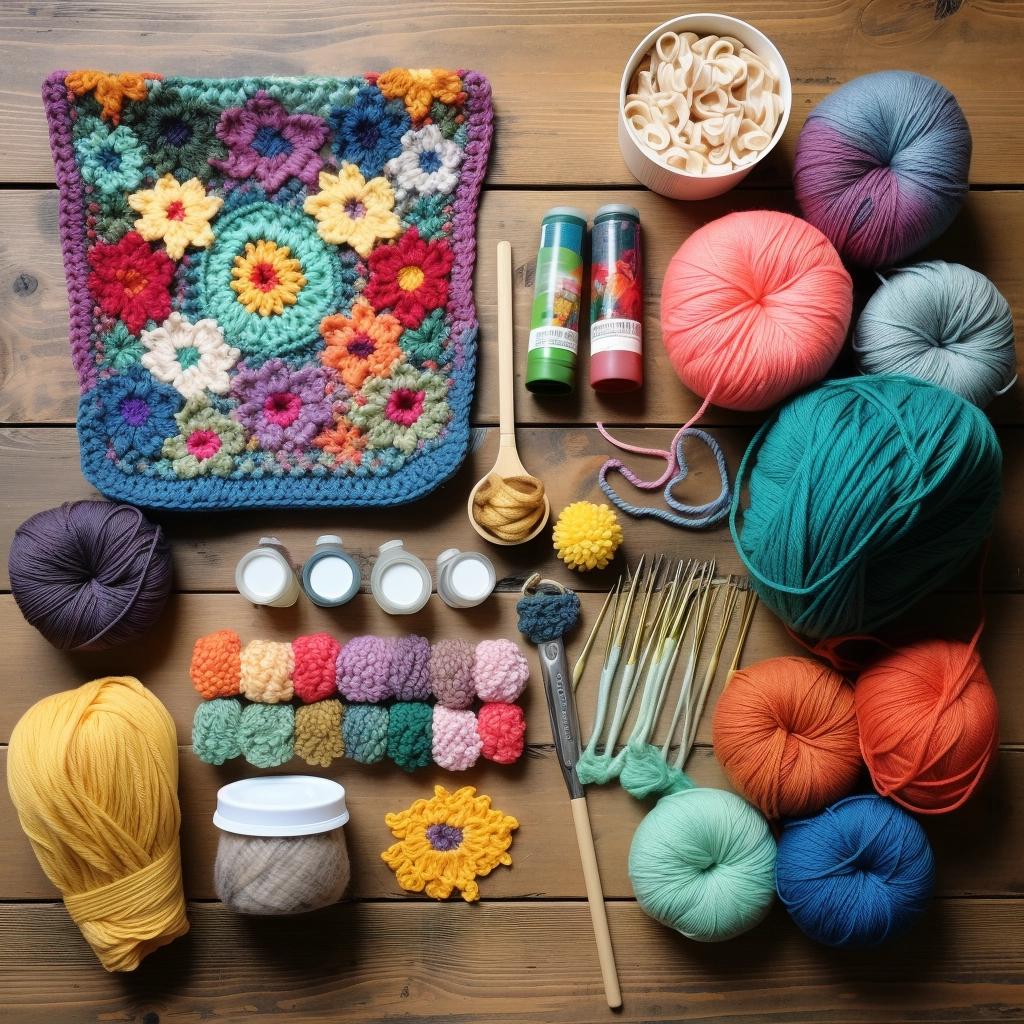 Colorful yarn balls, crochet hooks, granny square, and craft supplies on wood table