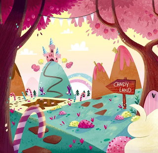 Whimsical candy landscape with a pastel castle, pink trees, candy hills, and a winding path