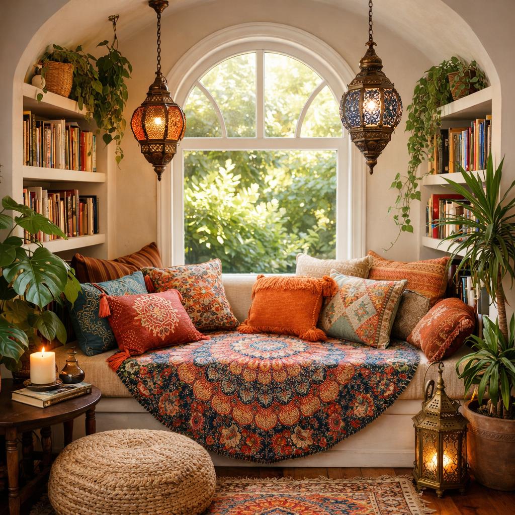 Cozy window seat with patterned pillows, bookshelves, hanging lanterns, and plants