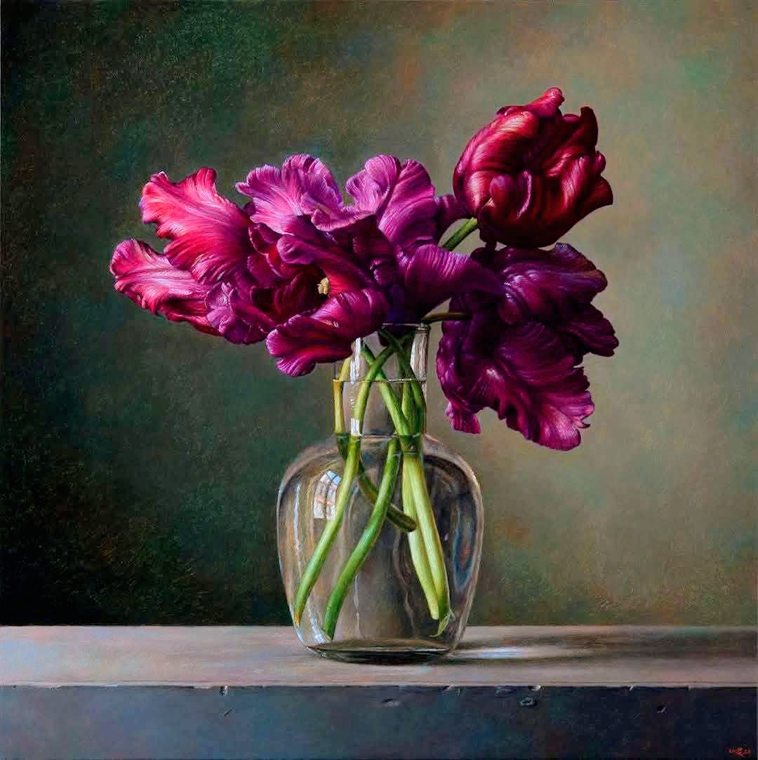 Burgundy iris flowers in glass vase, realistic still life painting with dark textured background
