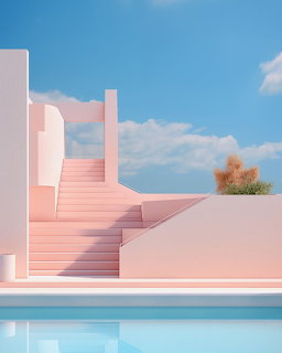 Pink geometric stairs leading up beside turquoise pool with blue sky and minimal plant accent