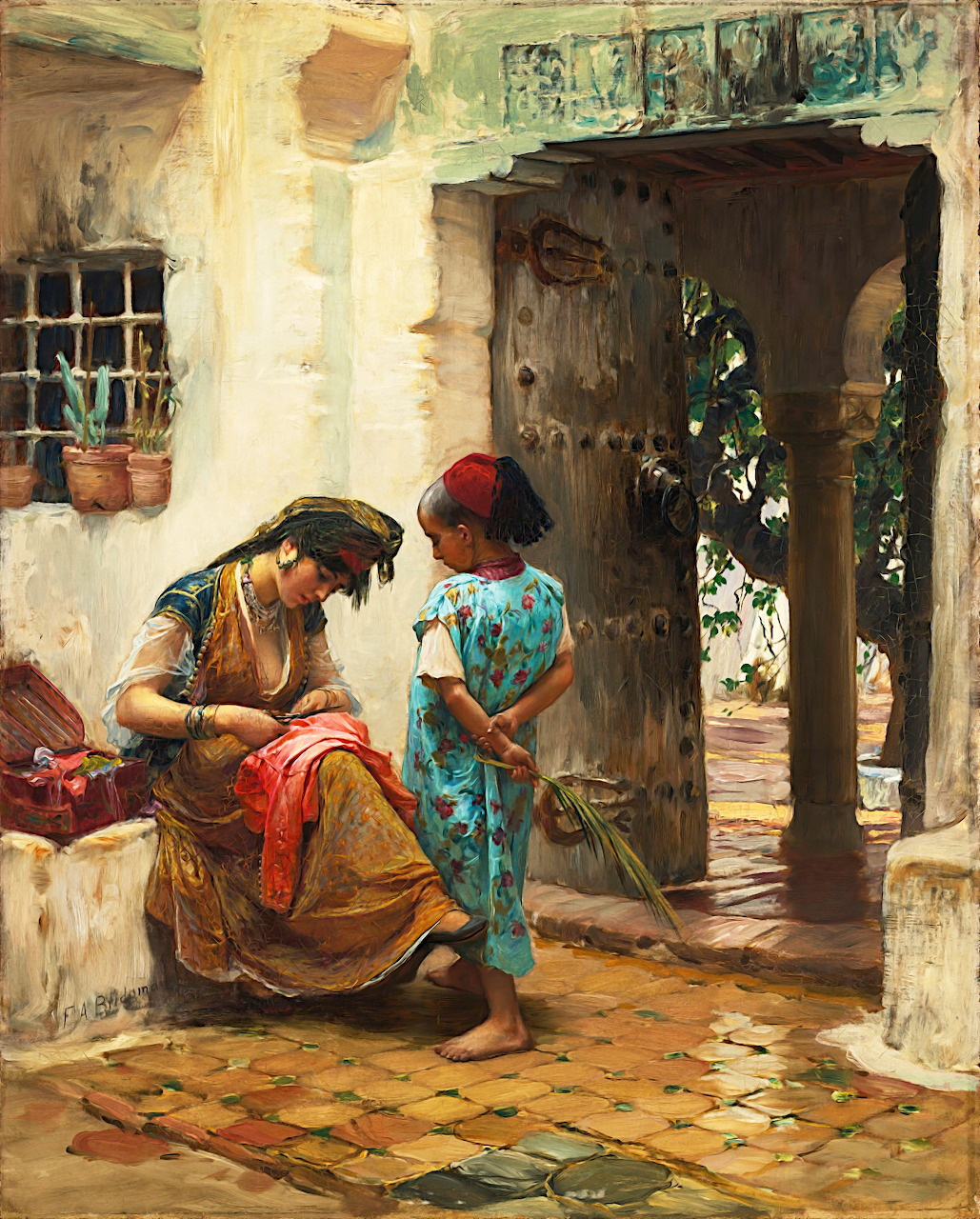 Woman teaching child to sew in sunny courtyard, oil painting in warm earthy tones