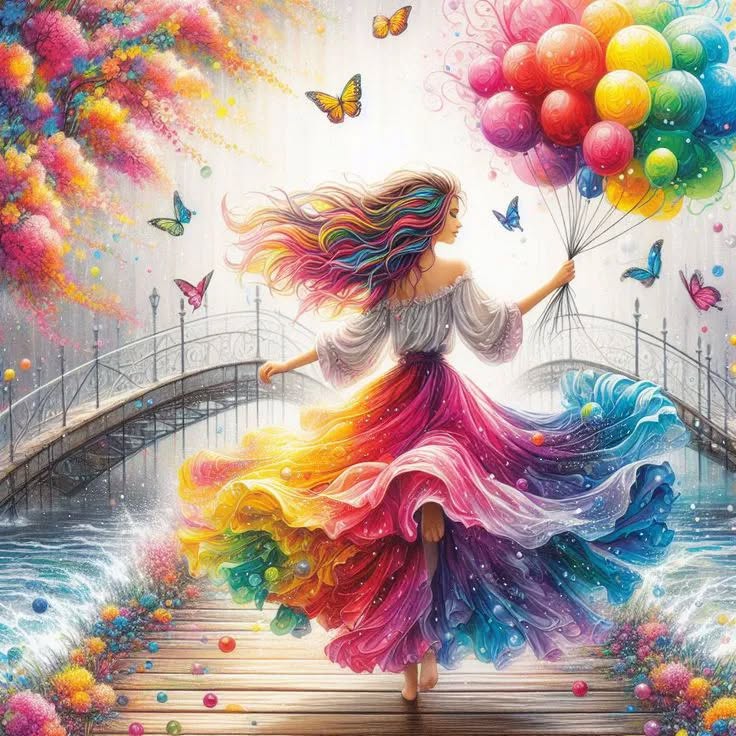Colorful illustrated girl on a bridge with rainbow dress and bright balloons