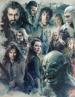 Fantasy poster collage with warriors, elves, and an orc in a blue misty scene
