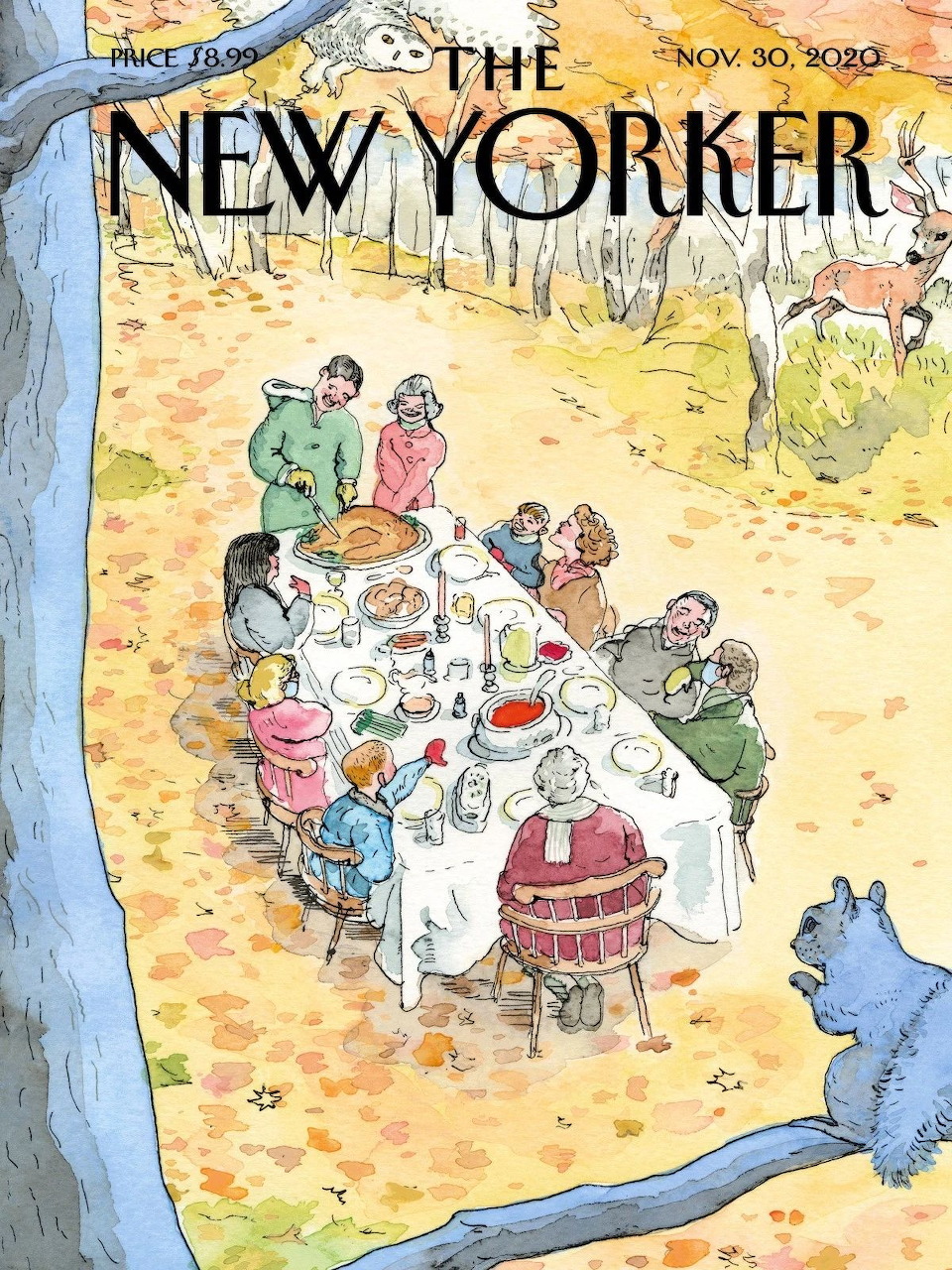 New Yorker cover Nov 30 2020: family at outdoor Thanksgiving table in autumn forest with a squirrel nearby