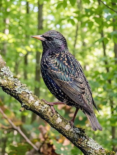 European starling with iridescent dark plumage and white spots perched on a mosy branch in a green forest