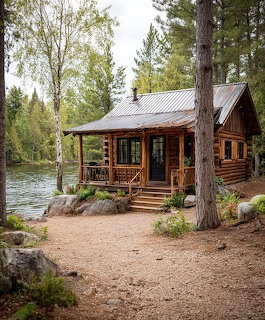 Log cabin with porch next to river surrounded by pine trees