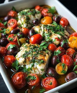 Herb-crusted fish with roasted tomatoes and olives in white dish
