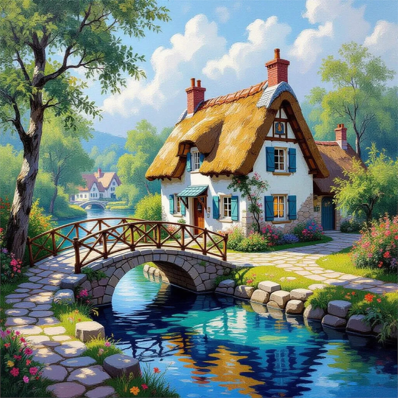Charming thatched cottage with blue shutters next to arched stone bridge over peaceful stream with colorful garden