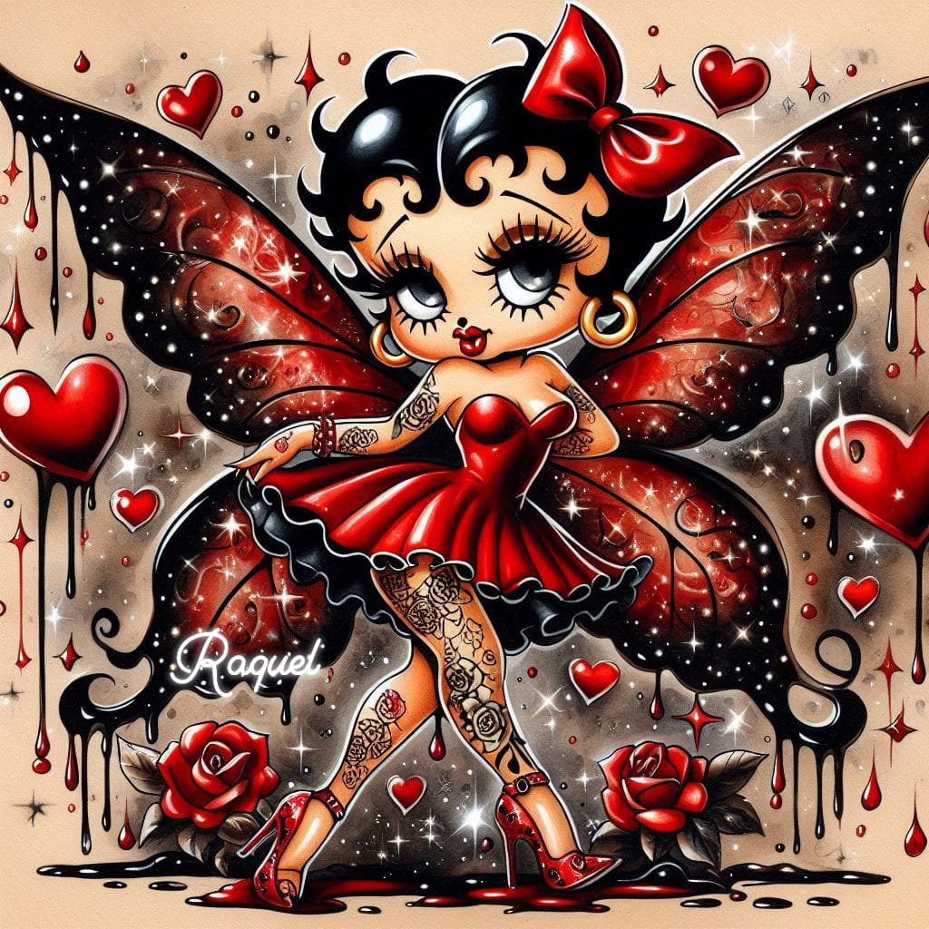 Betty Boop character with red butterfly wings, hearts and roses around her