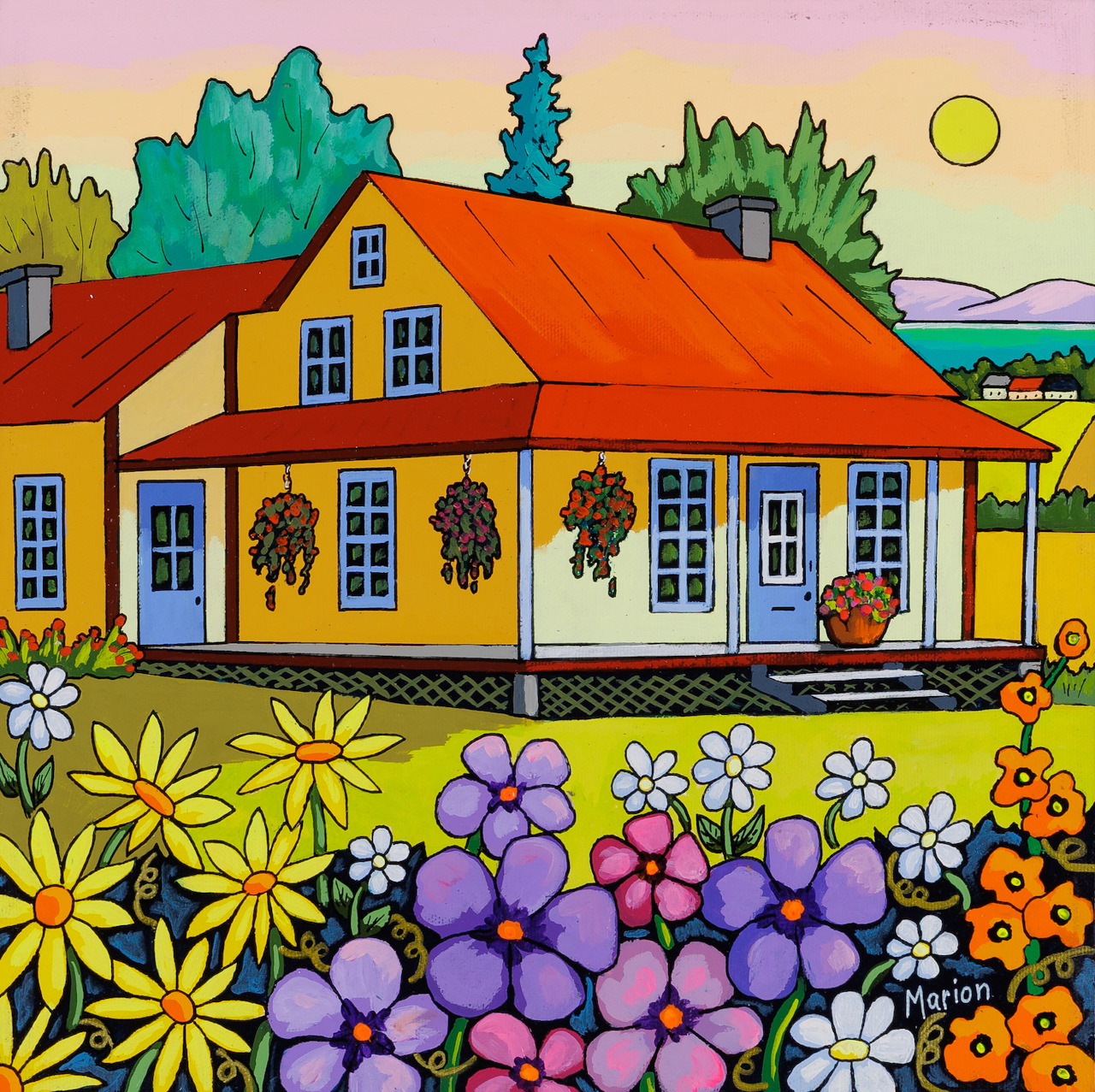 Folk art painting of yellow cottage with red roof, blue windows, and bright flower garden in foreground