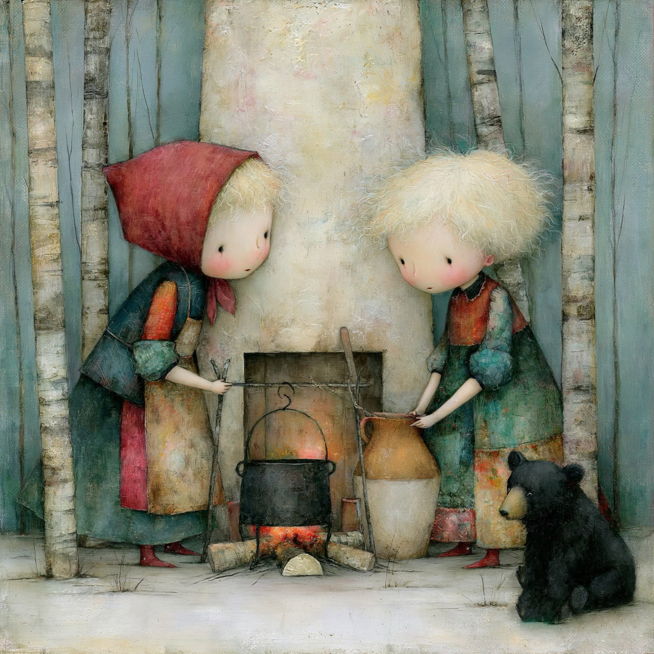 Whimsical painting of two girls by a small fireplace with a black cat and pale trees