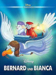 Disney poster showing Bernard and Bianca mice characters flying on white albatross in bright blue sky