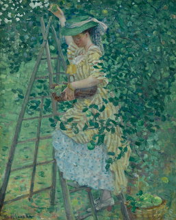 Impressionist painting of a woman on a ladder picking apples surrounded by green leaves