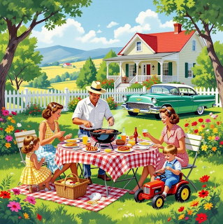 Family having a barbecue picnic in a sunny garden with a house and vintage car in the background