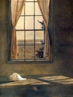 Painting of a curtained window overlooking water with a seashell on a sunlit table