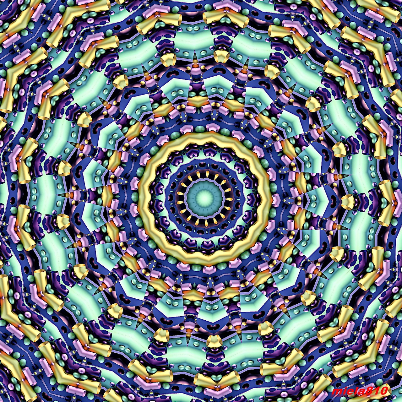 Colorful symmetrical mandala with concentric geometric patterns in blue, yellow, purple and turquoise
