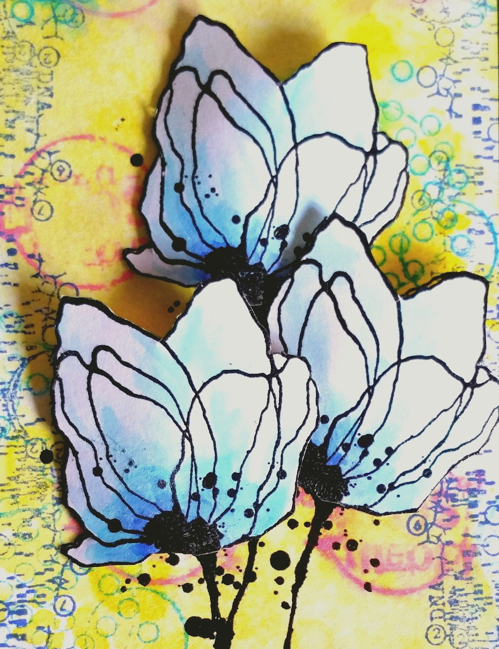 Two white flowers with blue watercolor accents on bright yellow abstract background with paint splatters